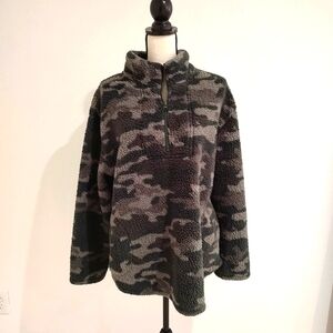 Koolaburra by Ugg Women's Gray Camo Sherpa Teddy Pullover 1/4 Zip Top L